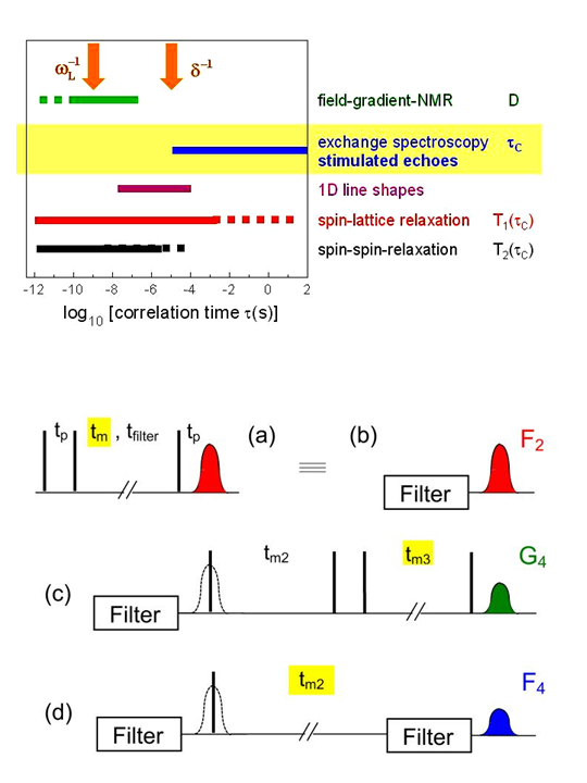 Diagrams showing comparing NMR methods regarding their corresponding timescales and pulseprograms for different NMR experiments